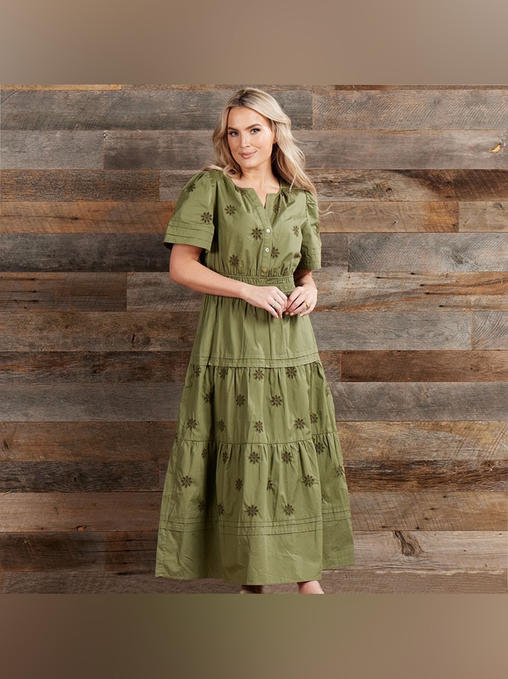 Rose & Everly Cottage core Green eyelet smocked waist maxi dress